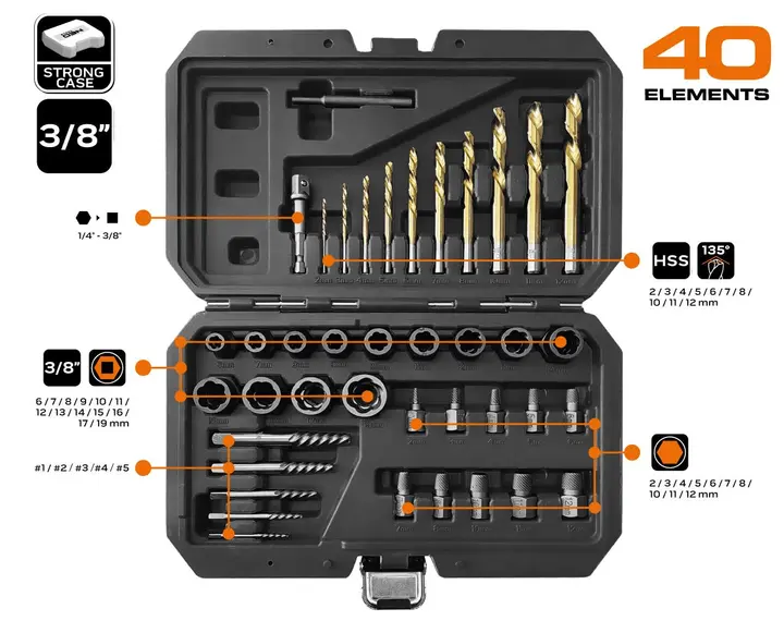 Kırık vidalar için set (matkap uçları ve vida sökücü ile), 40 parça