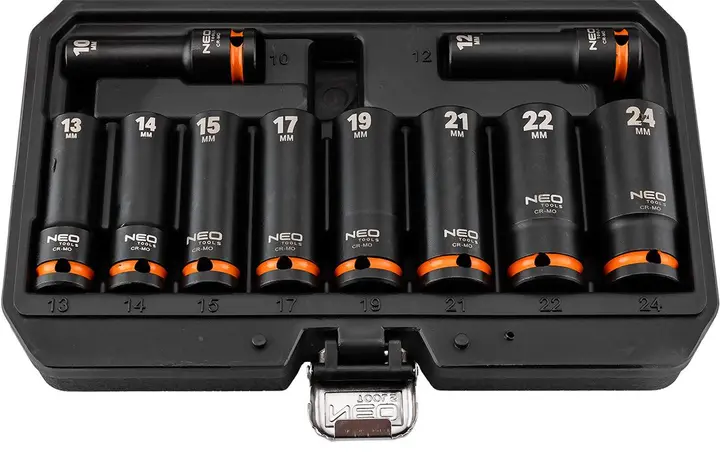 Darbeli lokma seti 1/2, uzun, 10 parça (10, 12, 13, 14, 15, 17, 19, 21, 22, 24mm) CR-MO