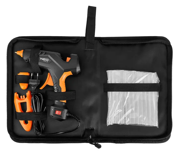 Set: yapıştırıcı tabancası, 11 mm, 60/100 W, 12 yapıştırıcı kartuşu, 3 parmak koruyucu, kumaş çanta