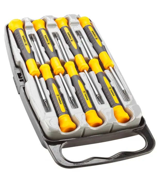 Hassas tornavida seti 7 parça, CrV, düz: 1,5x50mm; 2,0x50mm; 2,5x50mm; yıldız: PH00x50mm, Ph0x50mm; torx: T5x50mm, T6x50mm