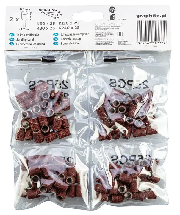 Zımpara bantları 6,3 mm, K60, K80, K120, K240, 100 parçalık set + sap 3,2 mm, 2 adet