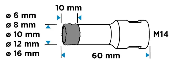 Elmas delik açma testeresi (6, 8, 10, 12, 16 mm), 5 parça set