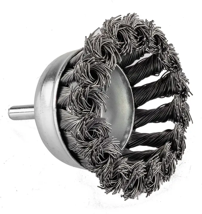 Çanak tel fırça 75 mm, bükümlü çelik tel, 6 mm saplı