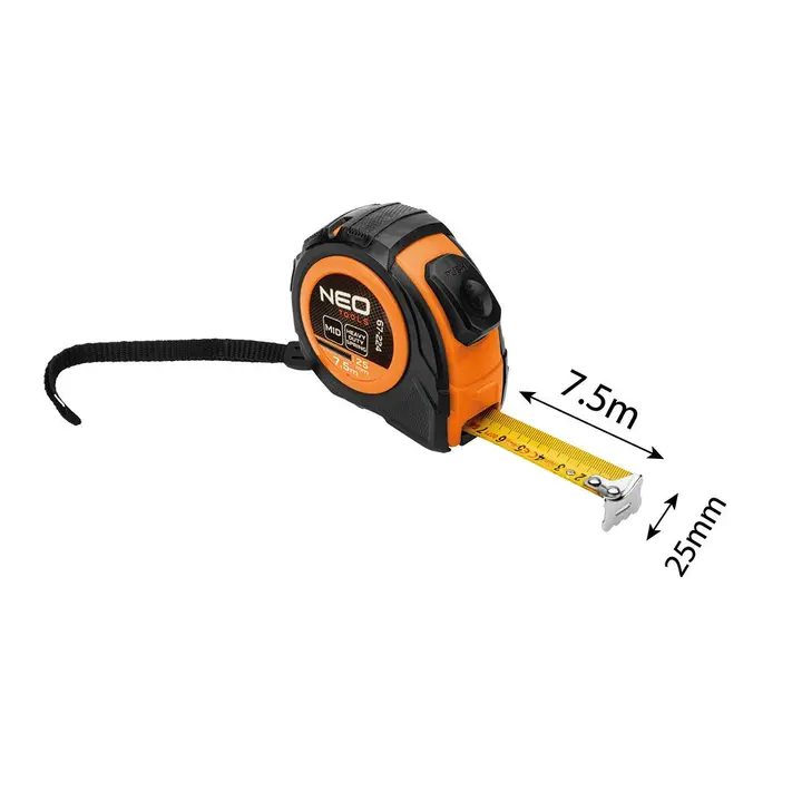 Geri sarılabilir çelik şerit metre 7.5 m x 25 mm, otomatik kilitli, iki durdurma düğmeli